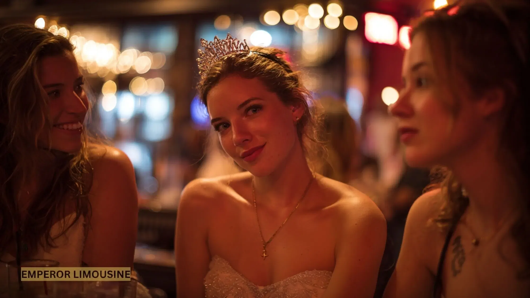 Closeup of a joyful bachelorette and her friends celebrating inside a Chicago limousine, smiling.