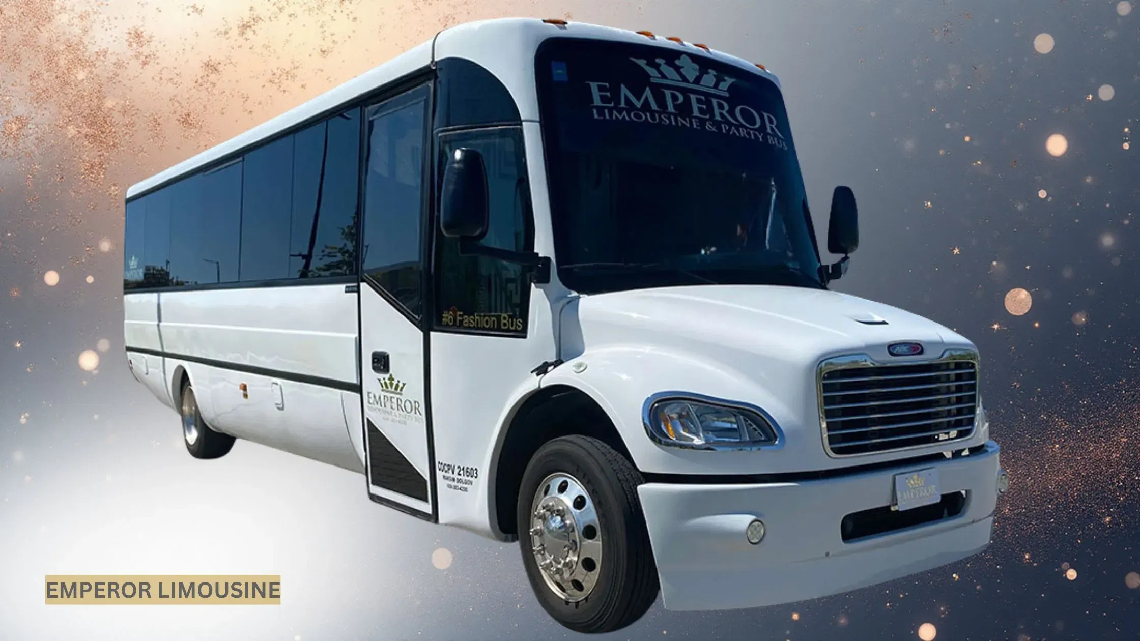 Luxury party bus on an abstract, modern background symbolizing premium nightlife transportation and VIP group travel.
