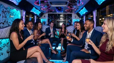 Group of friends enjoying a luxury party bus night out in Chicago