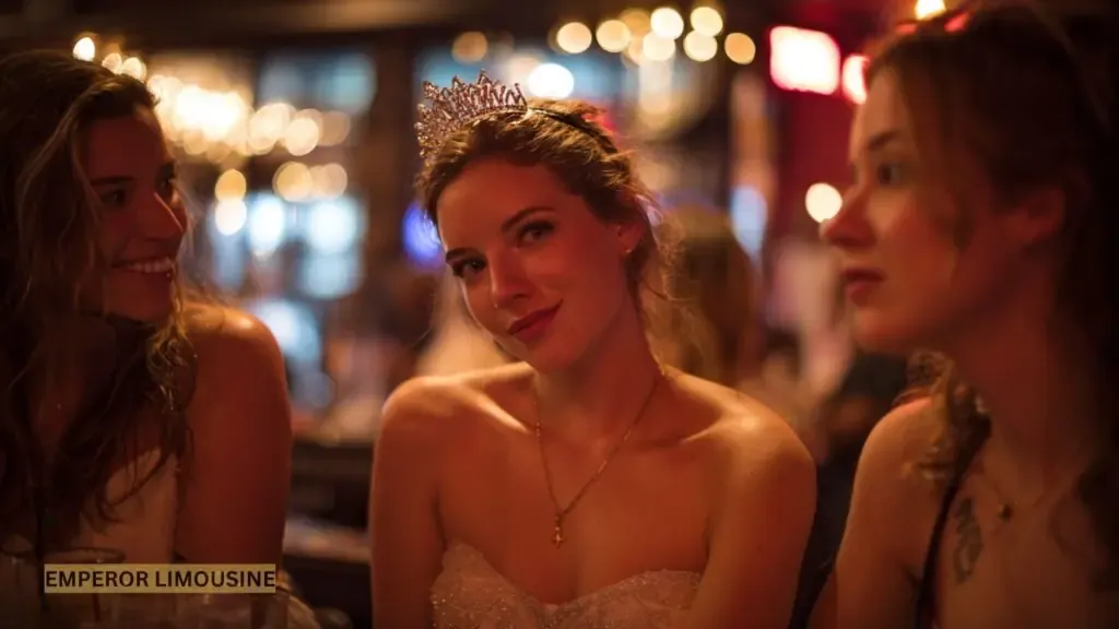 Closeup of a joyful bachelorette and her friends celebrating inside a Chicago limousine, smiling.