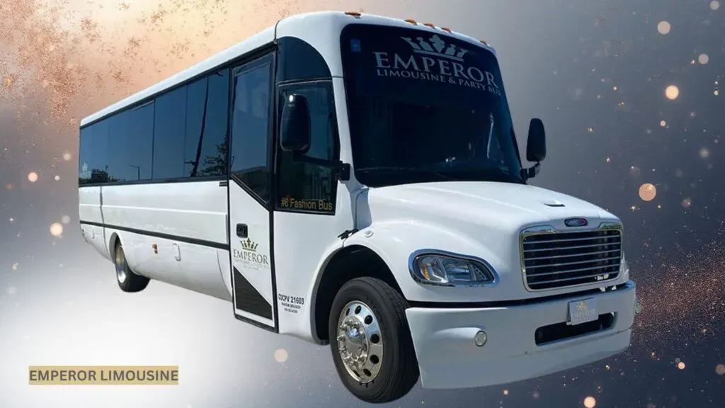 Luxury party bus on an abstract, modern background symbolizing premium nightlife transportation and VIP group travel.