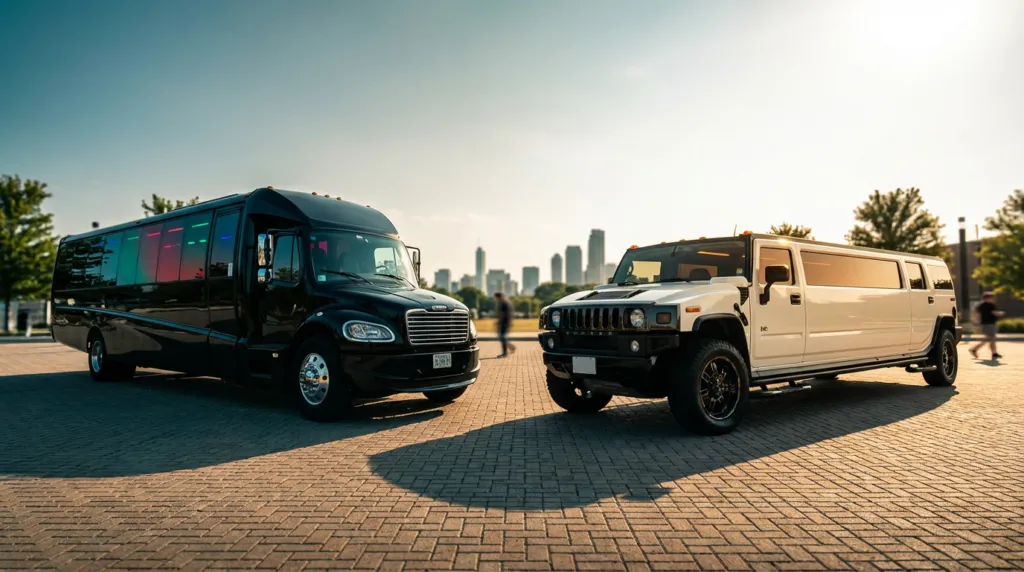 Party bus and SUV limo parked side by side in a lot, showcasing the size and style differences for group and corporate transportation.