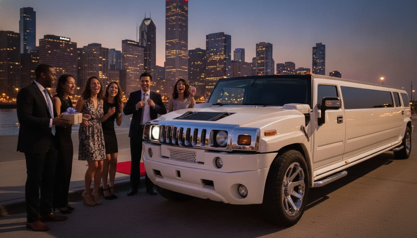 Group of friends outside a stretch limousine celebrating a birthday in Chicago.