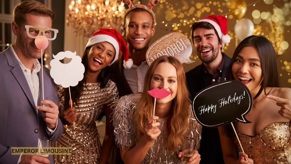 A group of festively dressed colleagues enjoying a business Christmas party, smiling and engaging in a fun pose.