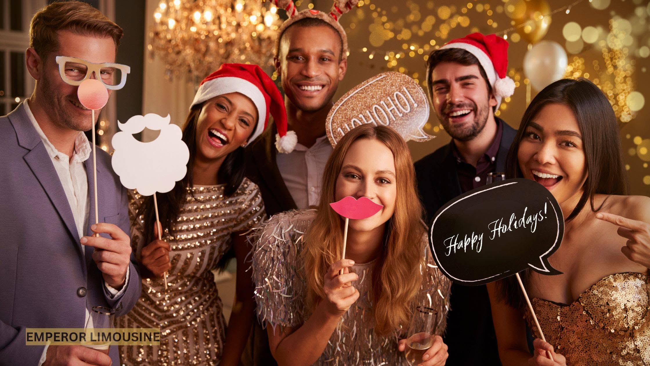 A group of festively dressed colleagues enjoying a business Christmas party, smiling and engaging in a fun pose.