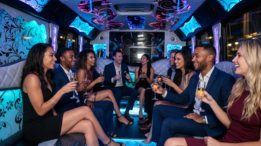 Group of friends enjoying a luxury party bus night out in Chicago