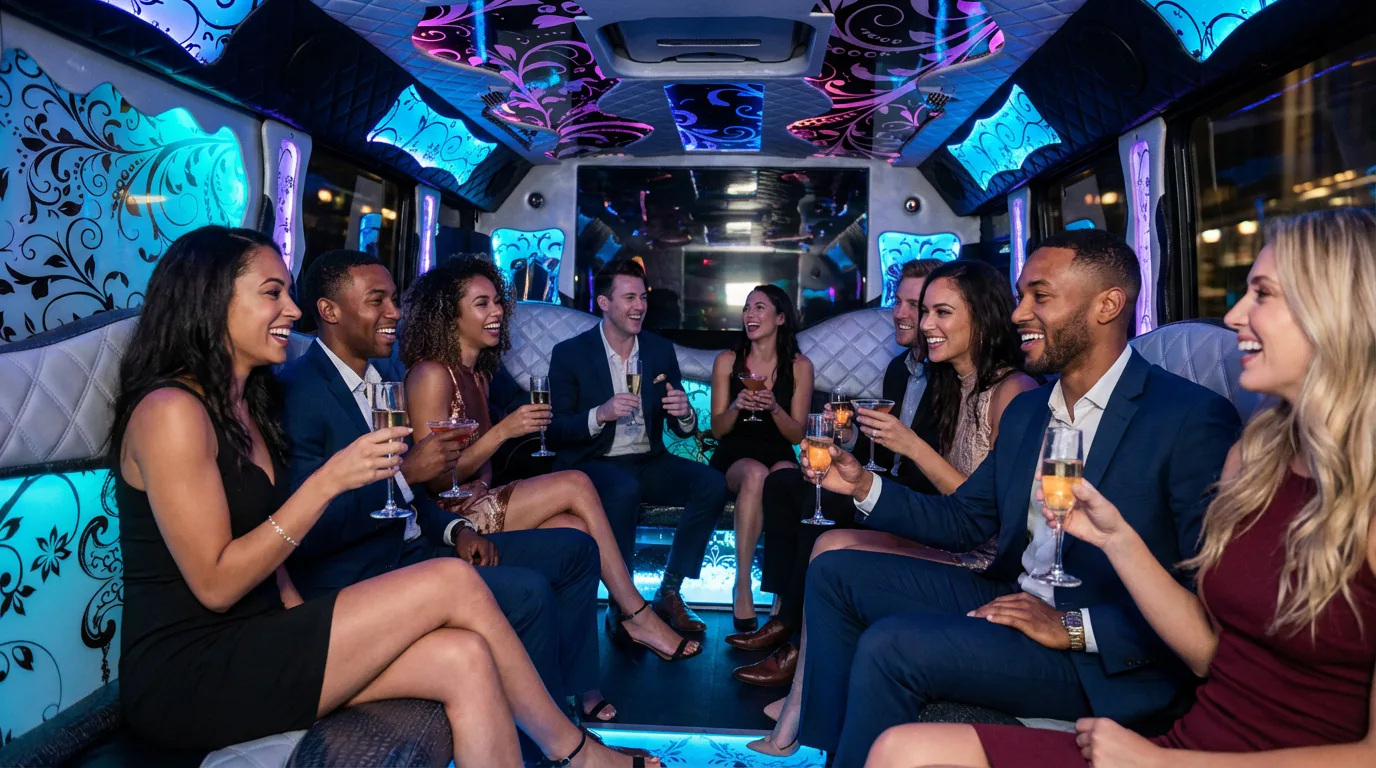 Group of friends enjoying a luxury party bus night out in Chicago