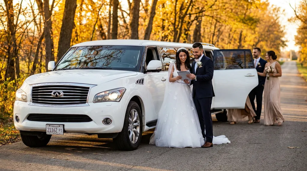 Bride and groom getting ready for a photoshoot beside a white limo.