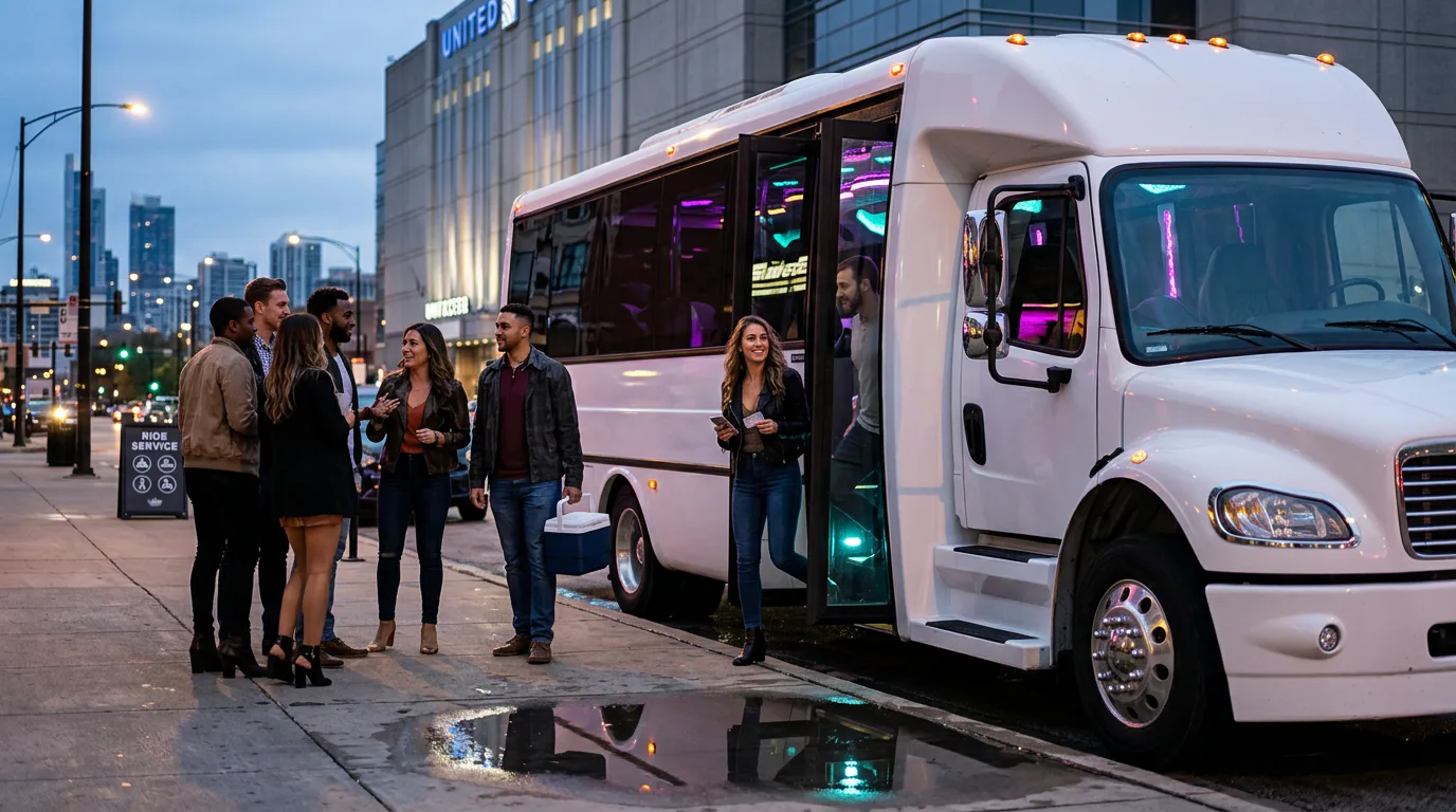 Several adults getting off a party bus for a Chicago concert night.