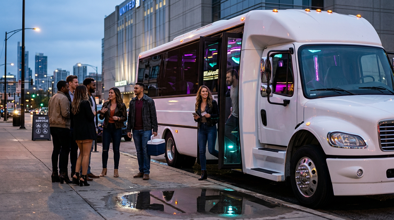 Several adults getting off a party bus for a Chicago concert night.