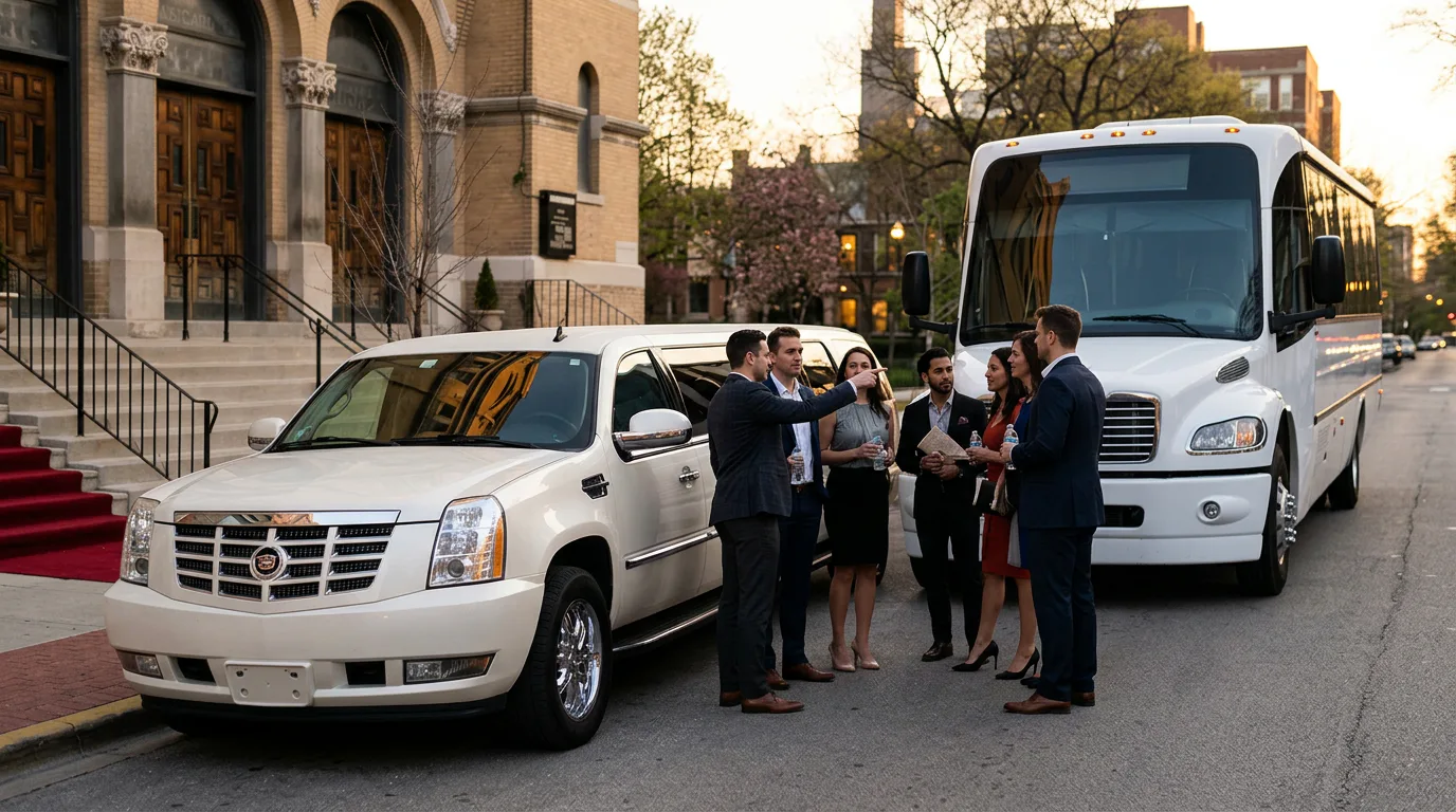 Group beside a stretch limo and party bus, ready for luxury transportation.