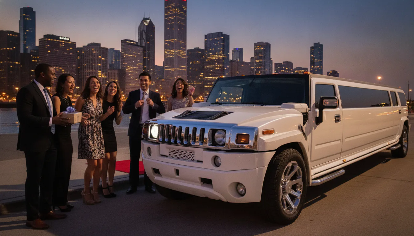 Group of friends outside a stretch limousine celebrating a birthday in Chicago.
